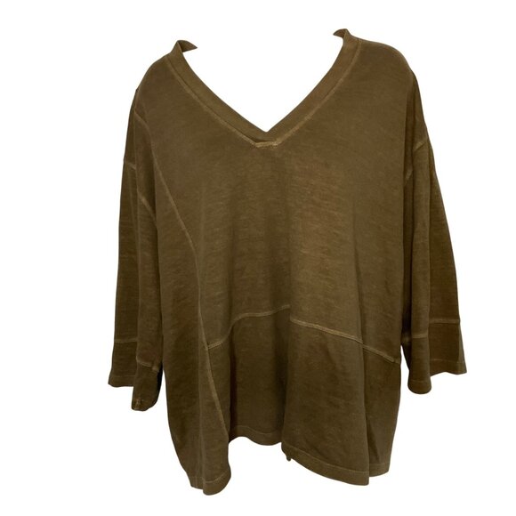Poetry  Green V-Neck Oversized Boxy Tunic Top 3/4 Sleeve Hemp organic cotton L - Picture 1 of 8